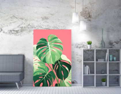 MONSTERA LEAF TRENDY ART PINK & GREEN 2 -DEEP FRAMED CANVAS WALL ART PRINT