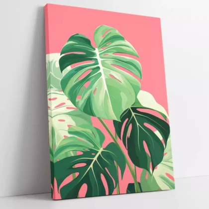 MONSTERA LEAF TRENDY ART PINK & GREEN DEEP FRAMED CANVAS WALL ART PRINT