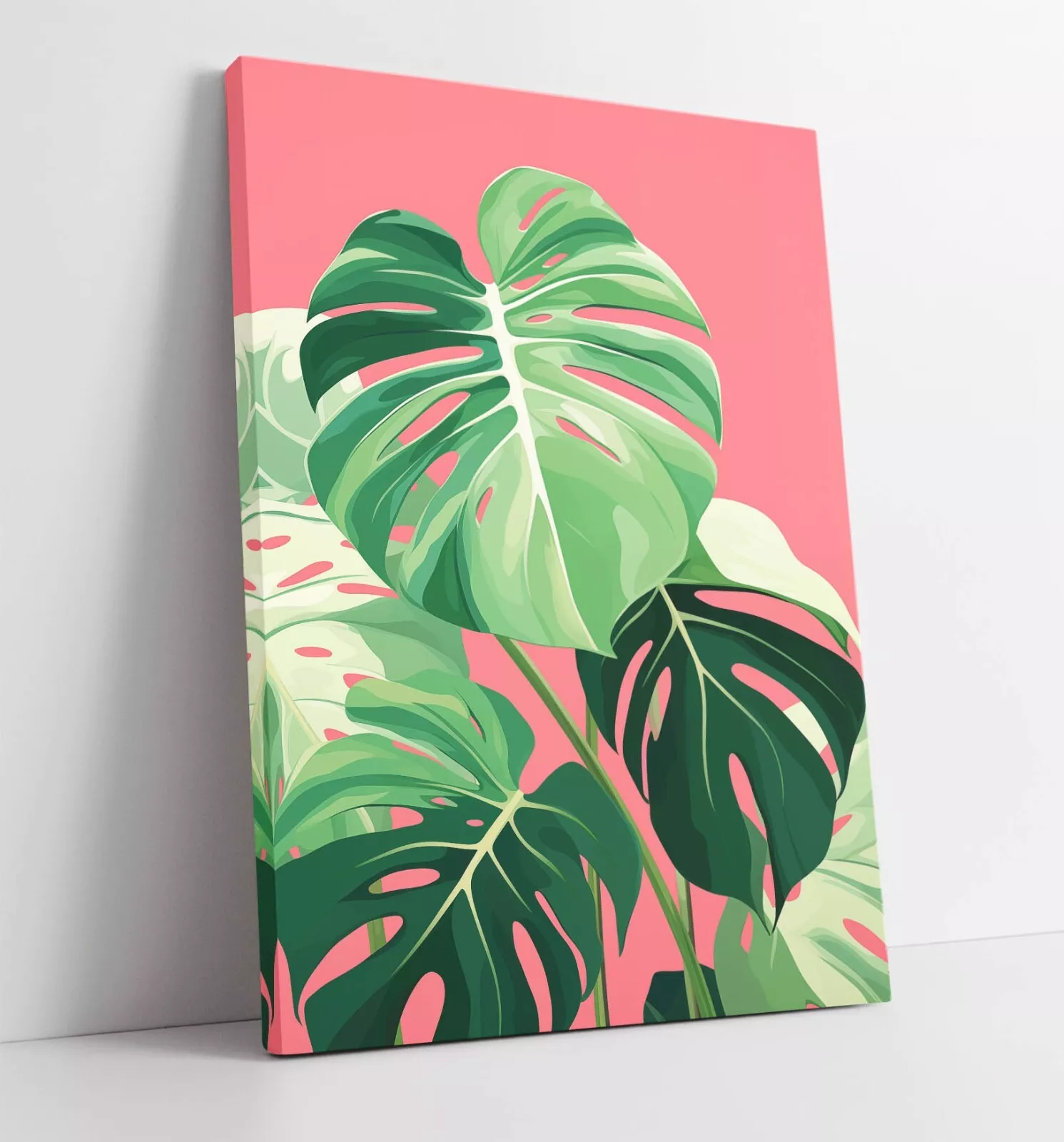 MONSTERA LEAF TRENDY ART PINK & GREEN 2 -DEEP FRAMED CANVAS WALL ART PRINT