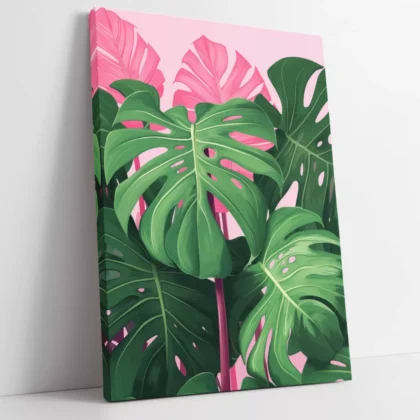 MONSTERA LEAF TRENDY ART PINK & GREEN FRAMED CANVAS WALL ART PRINT