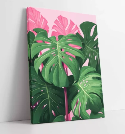 MONSTERA LEAF TRENDY ART PINK & GREEN FRAMED CANVAS WALL ART PRINT